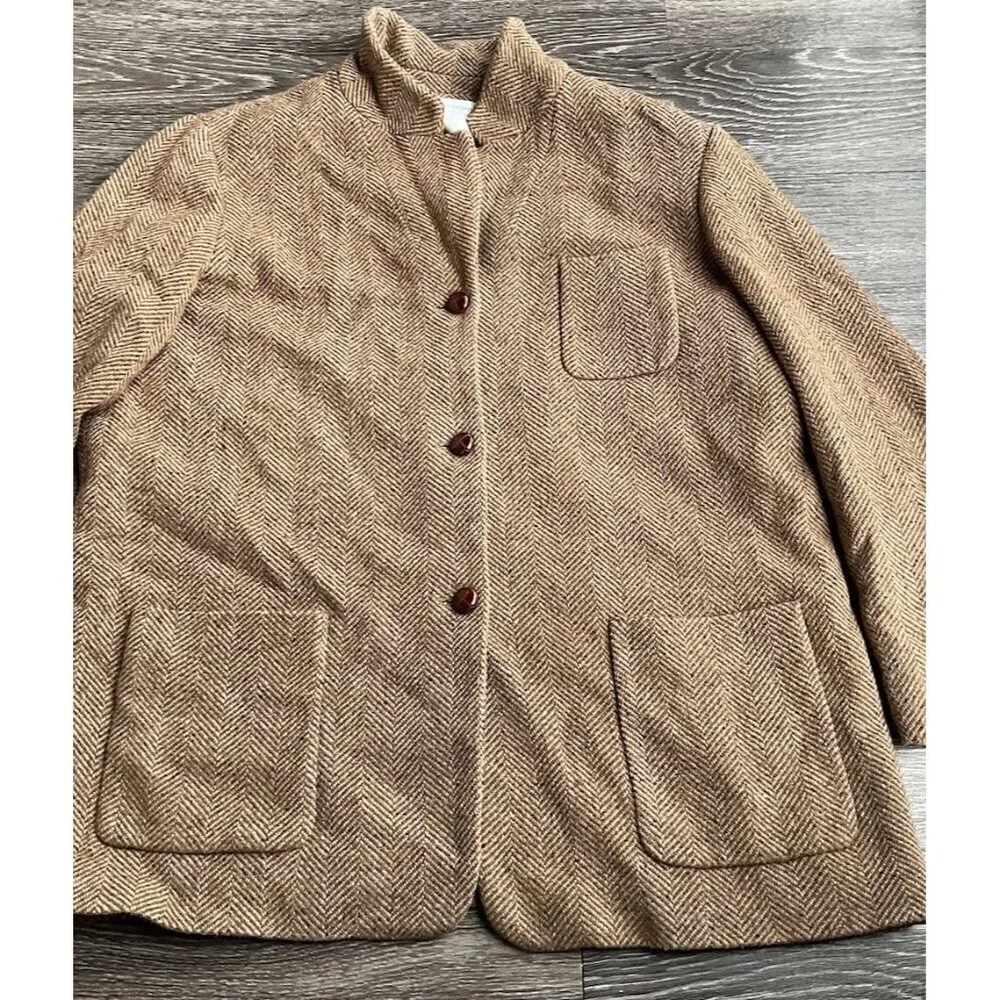 Liz Claiborne Vintage Women’s 14 Tan Charcoal Wool Bl Chunky Tweed Blazer Jacket